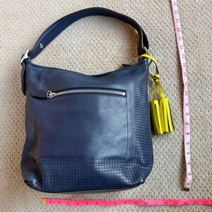 Coach Legacy Perforated Shoulder Hobo Purse in Navy Blue Bag with Accent Tassle